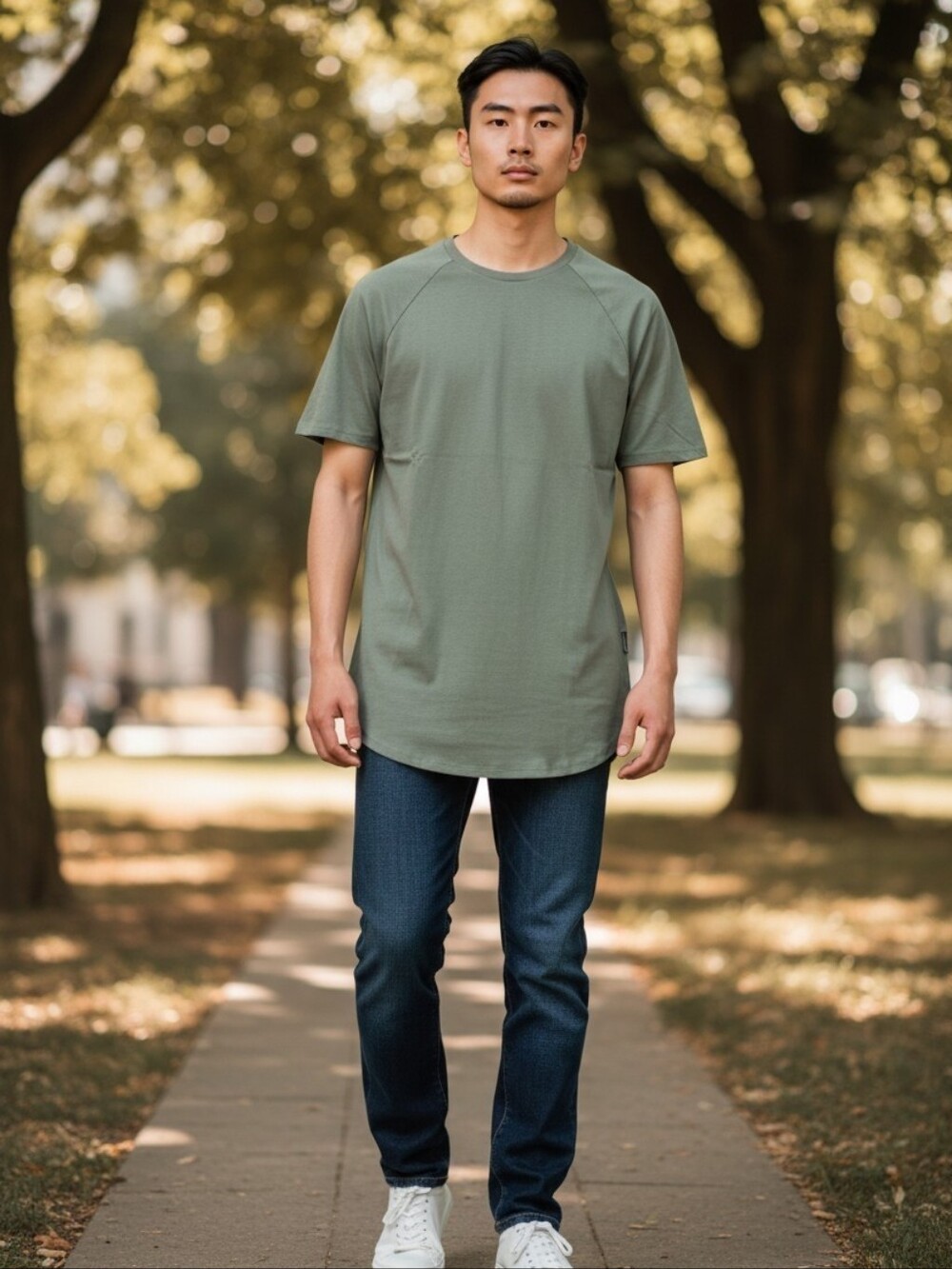 NWT Topman Longline Short-Sleeve Crewneck T-Shirt in Sage Green Side Zip